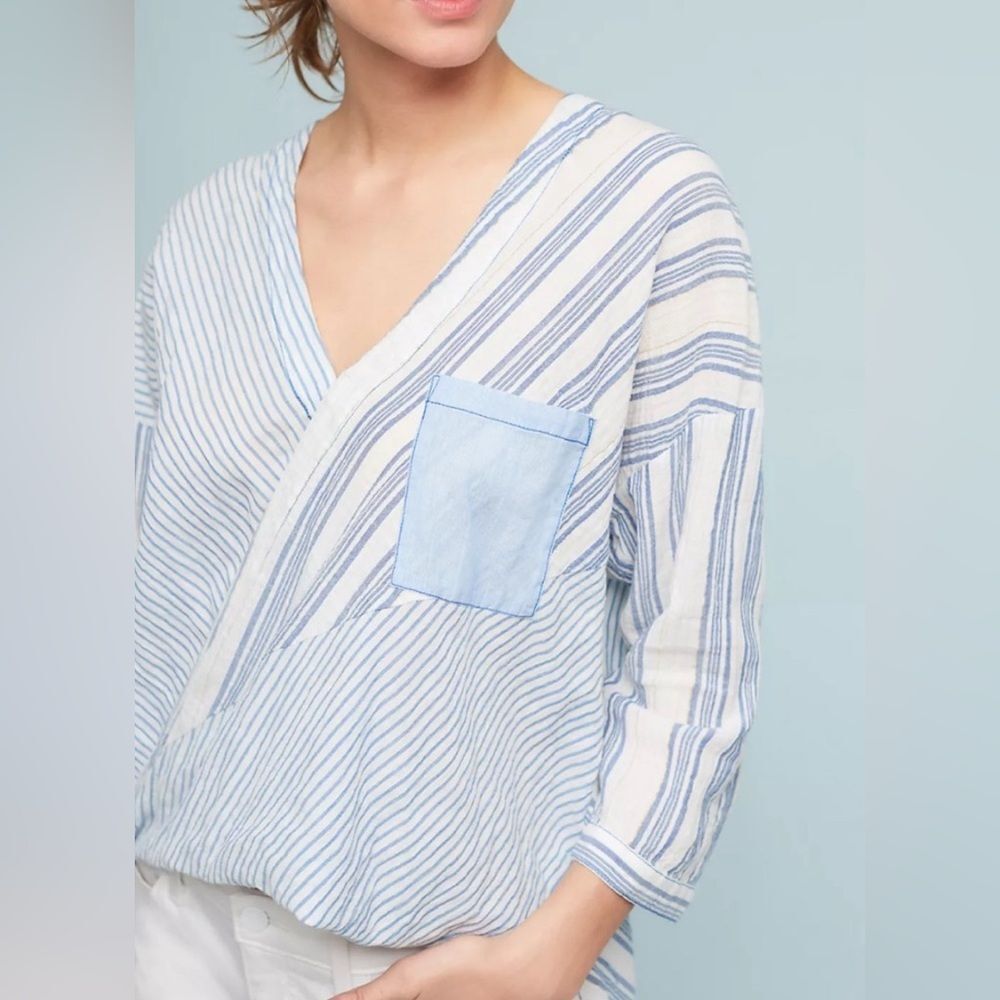 HOLDING HORSES Striped cotton Blouse. Lagenlook.  Asymetrical. Sz XS